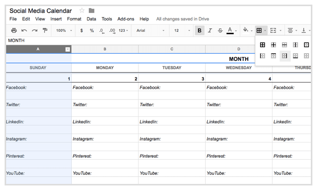 social media content calendar example spreadsheet