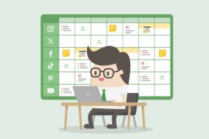 A short cartoon man creating a content calendar